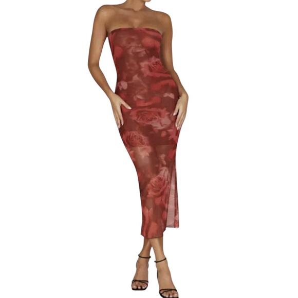 Meshki Aphrodite Strapless Mesh Midi Dress Size L Red Rose Print Sheer Party NWT - Picture 1 of 15
